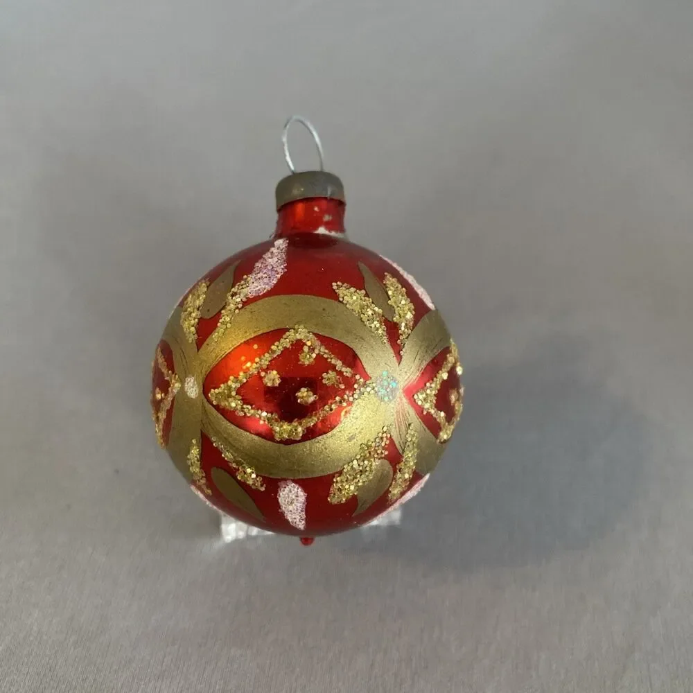 Vintage Christmas Red Gold Glass Ball Ornaments Hand Painted Glitter Holiday